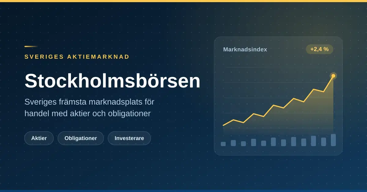 Grafik med rubriken Stockholmsbörsen mot mörkblå bakgrund, med ett stigande gult börsdiagram som visar marknadsindex och etiketterna Aktier, Obligationer och Investerare.